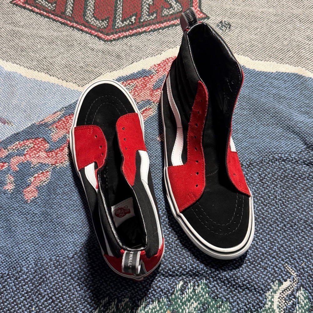 Vans Sk8-Hi High Top Sneakers Black Red White Mens 8.5 Suede Canvas Skate Shoes
